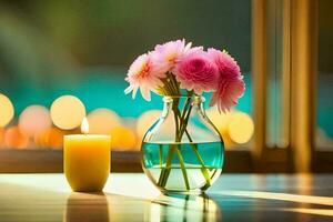 flowers in a vase and candle on a table. AI-Generated photo