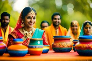 a woman in traditional indian attire is smiling and holding colorful pots. AI-Generated photo