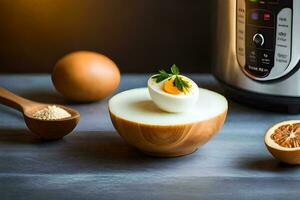 an egg is in a bowl next to an instant pot. AI-Generated photo