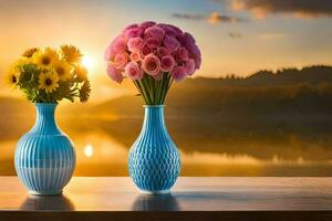 two vases with flowers on a table in front of a lake. AI-Generated photo