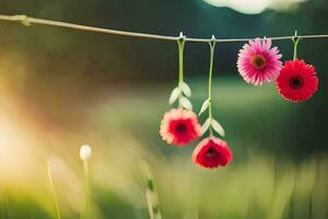 red flowers hanging from a wire in the grass. AI-Generated photo