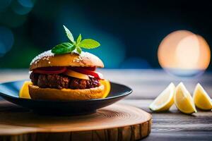 un hamburguesa con queso y pimienta en un lámina. generado por ai foto