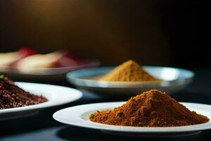 three different types of spices are on a table. AI-Generated photo