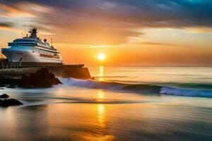 a cruise ship docked at the shore during sunset. AI-Generated photo