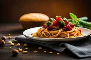 spaghetti with tomato and basil on a plate. AI-Generated photo