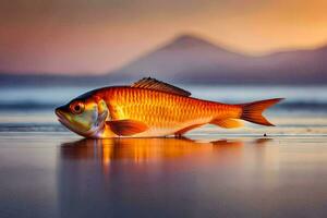 un pescado en el playa a puesta de sol. generado por ai foto