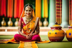 a beautiful indian bride sitting on the ground with pots and pans. AI-Generated photo