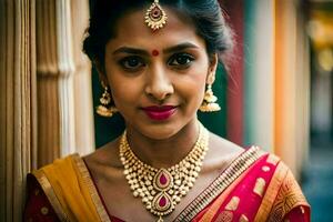un hermosa indio mujer vistiendo un rojo y amarillo sari. generado por ai foto