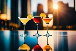 three cocktails are lined up on a table with the sun in the background. AI-Generated photo