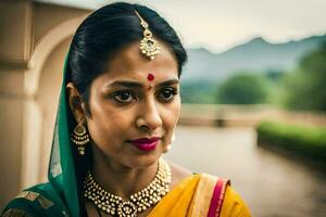 a woman in a sari with gold jewelry. AI-Generated photo