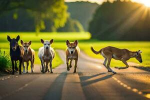 a group of dogs running down a road. AI-Generated photo