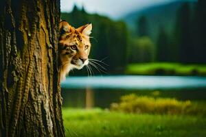 a lynx is peeking out from behind a tree. AI-Generated photo