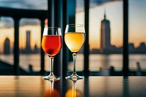 dos lentes de vino en un mesa con un ver de el ciudad. generado por ai foto