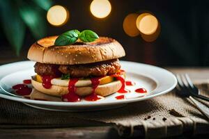 a hamburger with ketchup and lettuce on a plate. AI-Generated photo