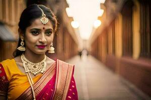 a beautiful indian woman in a traditional sari. AI-Generated photo