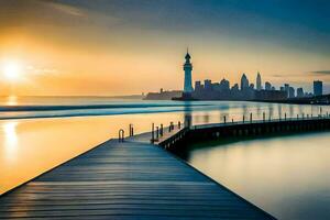 a city skyline at sunset with a pier and a lighthouse. AI-Generated photo