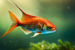 un pescado nadando en el agua con verde plantas. generado por ai foto