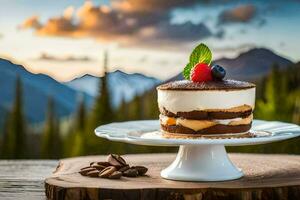 a dessert on a plate with mountains in the background. AI-Generated photo