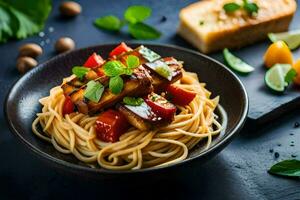 spaghetti with tofu and vegetables in a black bowl on a dark table. AI-Generated photo