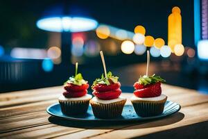 three cupcakes with strawberries on top of a wooden table. AI-Generated photo