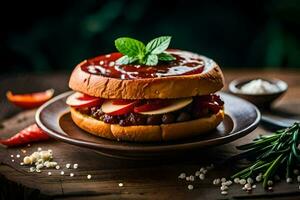 a hamburger with ketchup and cheese on a plate. AI-Generated photo