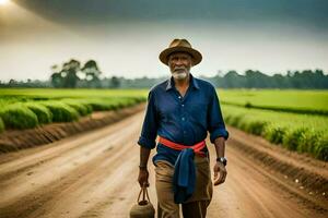 an old man walking down a dirt road with a basket. AI-Generated photo