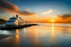 a cruise ship docked at the beach at sunset. AI-Generated photo