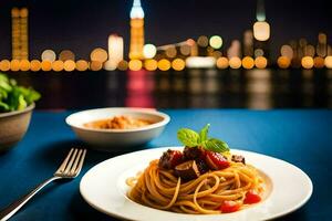 a plate of spaghetti with tomato sauce and meat on a table in front of a city skyline. AI-Generated photo