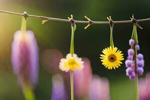 a string of flowers hanging from a wire. AI-Generated photo