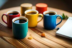 five colorful coffee cups on a table. AI-Generated photo