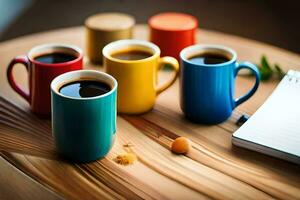 five colorful coffee cups on a table. AI-Generated photo