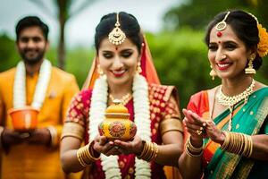 a couple in traditional indian attire holding a pot. AI-Generated photo