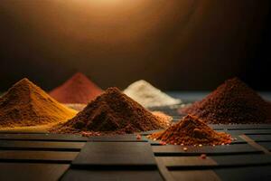 a variety of spices are arranged on a table. AI-Generated photo