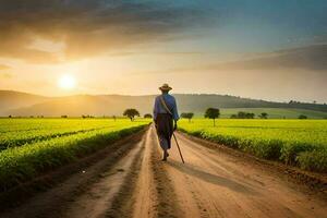 a man walking down a dirt road in a field. AI-Generated photo