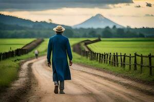 a man in a blue suit walks down a dirt road. AI-Generated photo