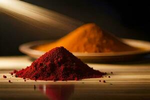 a bowl of red and yellow powder on a table. AI-Generated photo