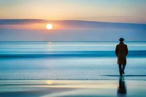 a man in an orange coat stands on the beach at sunset. AI-Generated photo