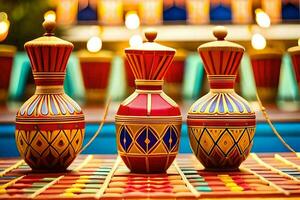 three colorful vases are sitting on a table. AI-Generated photo