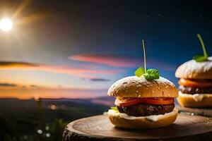 two hamburgers on a wooden table with a sunset in the background. AI-Generated photo