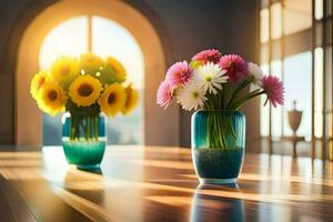 two vases with flowers on a table in front of a window. AI-Generated photo