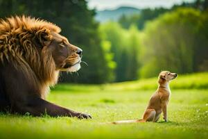 león y perro fondo de pantalla. generado por ai foto