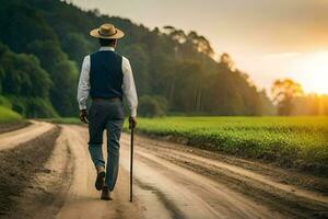 a man walking down a dirt road with a cane. AI-Generated photo