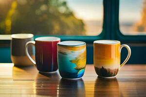 three coffee mugs sitting on a table with a window in the background. AI-Generated photo