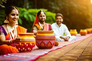 a couple in indian attire sitting on a wooden table with pots. AI-Generated photo