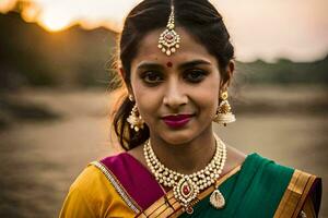 a beautiful indian woman in a colorful sari. AI-Generated photo