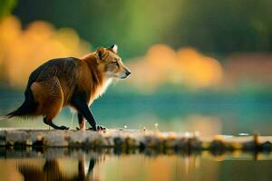 un zorro en pie en un Iniciar sesión cerca un lago. generado por ai foto