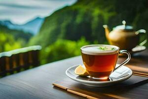 un taza de té en un mesa en frente de un montaña vista. generado por ai foto