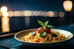 un plato de pasta con bayas y menta en un mesa en frente de el agua. generado por ai foto