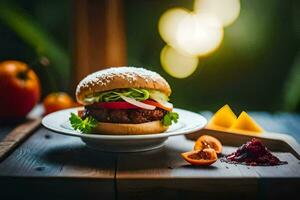 a hamburger with vegetables and fruit on a wooden table. AI-Generated photo