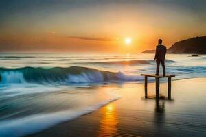 un hombre soportes en un de madera muelle a puesta de sol. generado por ai foto